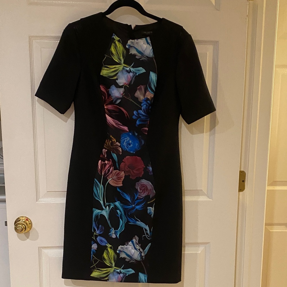 Ted Baker Black Floral-Panel Short Sleeve Sheath Dress with zipper in back.